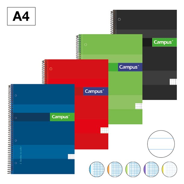 BLOC ESPIRAL TAPA EXTRADURA CAMPUS A4 160 HOJAS MICROPERFORADO 70 GRAMOS RAYADO HORIZONTAL