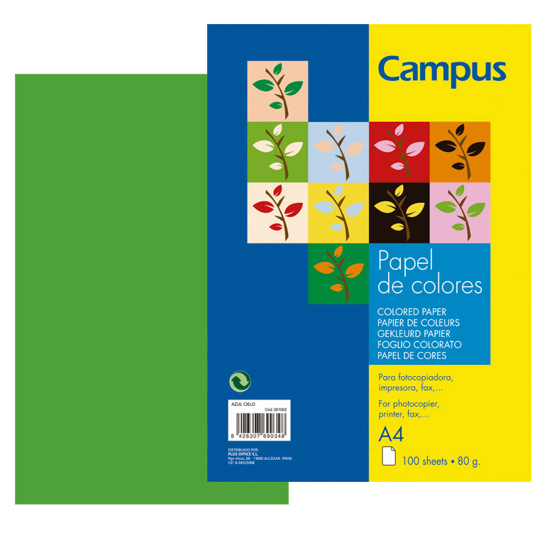 PAPEL DIN A4 CAMPUS 80 GRAMOS PAQUETE 100 HOJAS COLOR VERDE MANZANA