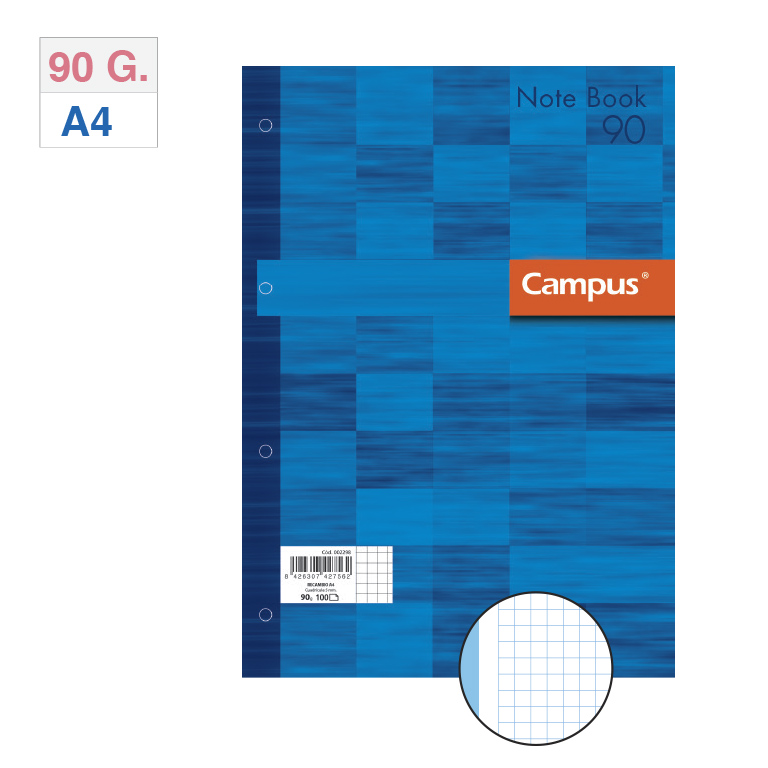 BLOC ENCOLADO DE RECAMBIOS CARPETA CAMPUS A4 4 TALADROS 80 HOJAS 100 GRAMOS BANDA DE SU COLOR AZUL CUADRICULA 5 MM.