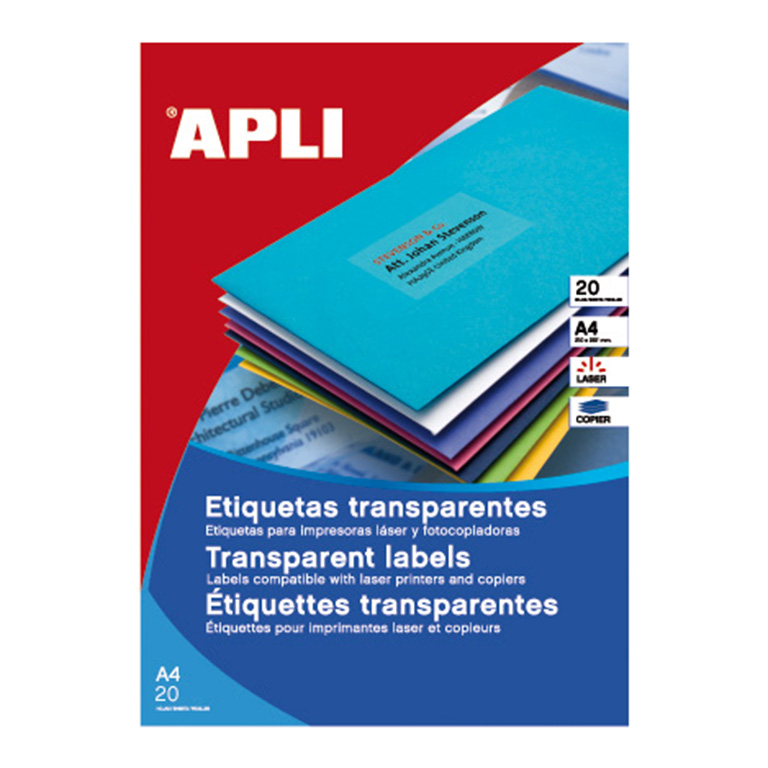 ETIQUETAS AUTOADHESIVAS TRASLÚCIDAS APLI A4 99,1MMX38,1MM 14 ETIQUETAS X HOJA PAQUETE DE 20 HOJAS