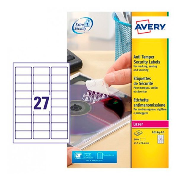 ETIQUETAS AUTOADHESIVAS AVERY ANTI-MANIPULACIÓN 63,5MMX29,6MM BLANCAS 27 ETIQUETAS X HOJAS PAQUETE DE 20 HOJAS