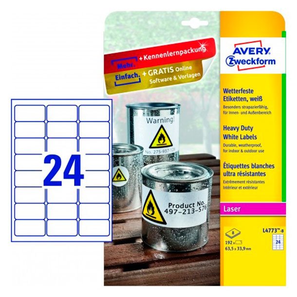 ETIQUETAS AUTOADHESIVAS AVERY POLIÉSTER 63,5MMX33,9MM BLANCAS 24 ESTIQUETAS X HOJA PAQUETE DE 20 HOJAS