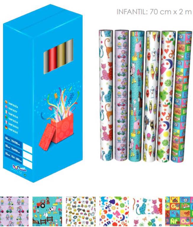 PAPEL REGALO 70X200 INFANTIL EXPOSITOR 60 UNIDADES