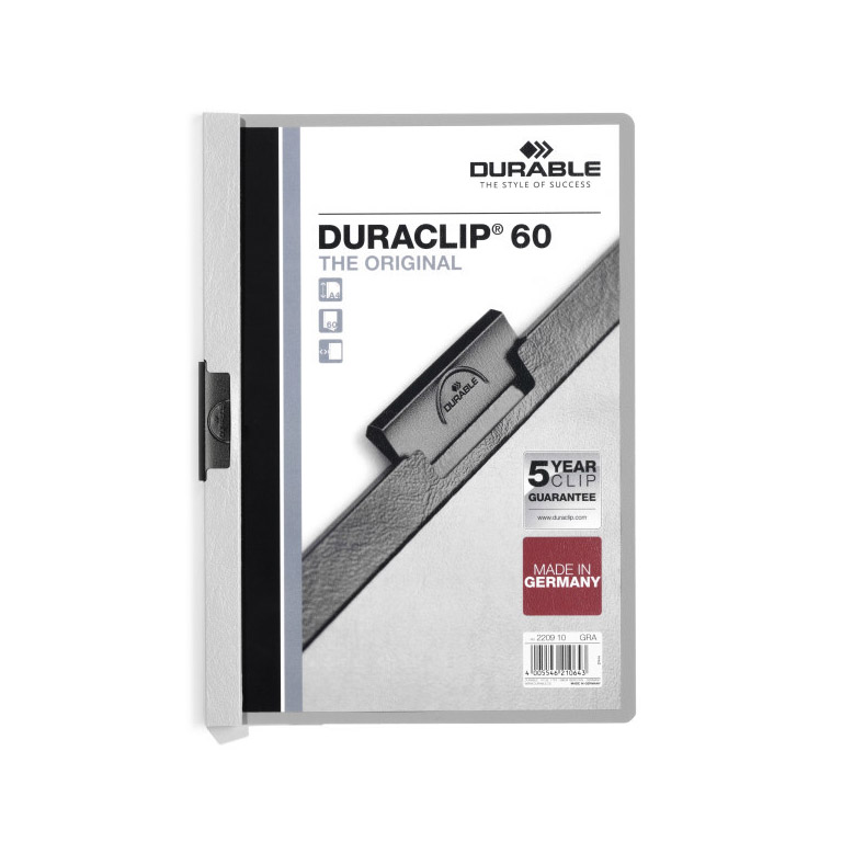 CARPETA DOSSIER PINZA METALICA DURABLE DURACLIP A4 220X310 MM CAPACIDAD 60HOJAS COLOR GRIS