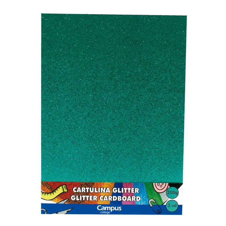 Cartulina Campus College 200 gr A4 Glitter Bolsa 3 unid Verde